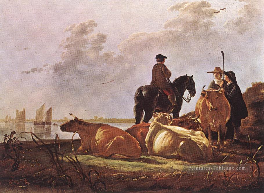 Paysans avec quatre vaches au bord de la rivière Merwede campagne peintre Aelbert Cuyp Peintures à l'huile